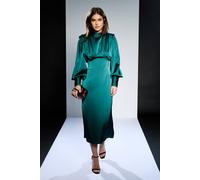 Debenhams Women's Runway 1.8.1.8 High Neck Long Sleeve Satin Midi Dress in Green | Size: 8