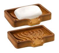 DEBETOOL 2Pack Teak Soap Dish - Natural Wooden Soap Holder with Drain Spout Fast Drying for Shower & Kitchen Sink, Bathroom Sponge Holder with Tray（Waterproof）