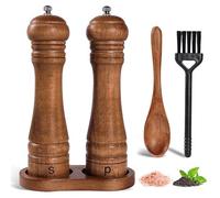 DEBETOOL Wooden Salt and Pepper Grinder Set with Stand - 8-inch Oak Wood Salt Mill Pepper Grinder Set, Adjustable Ceramic Core, 2 Pepper Mills + Wooden Spoon & Cleaning Brush (Kitchen Essential)