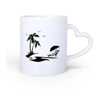 DEBINGY Ceramic Heart-Shaped handleCeramic Tea Cup Beach Style Palm Trees and Birds Pattern Summer Vacation 11oz/320ml for Office, Home