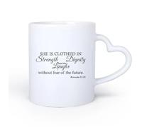 DEBINGY Ceramic Heart-Shaped handlePorcelain Cup Christian Bible Proverbs 32:25 She Laughs in Strength and Dignity Future Inspiration Quote 11oz/320ml Nice Xmas Gift