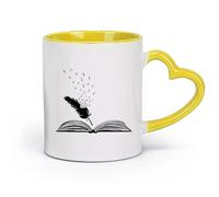DEBINGY Ceramics Ceramic Coffee Cup Library Research Open Book Feather Text Literature Writer School （11oz/320ml） for Office, Home Yellow