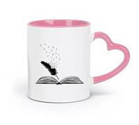 DEBINGY Ceramics Ceramic Coffee Cup Library Research Open Book Feather Text Literature Writer School （11oz/320ml） for Office, Home Pink