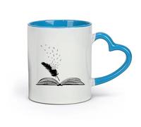DEBINGY Ceramics Ceramic Coffee Cup Library Research Open Book Feather Text Literature Writer School （11oz/320ml） for Office, Home Blue
