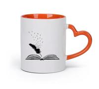 DEBINGY Ceramics Ceramic Coffee Cup Library Research Open Book Feather Text Literature Writer School （11oz/320ml） for Office, Home Orange