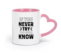 DEBINGY Ceramics Ceramic Drinkware for Home If You Don't Try You'll Never Know （11oz/320ml） Cappuccino, Latte Macchiato, Tea, Espresso Pink