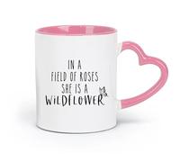 DEBINGY Ceramics Cups with Comfortable Handle She is A Wild Flower Among Roses （11oz/320ml） Great for Home, Office, Cafes, Gift Ideas Pink