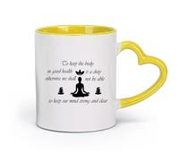 DEBINGY Ceramics Novelty Tea or Coffee Cup Come Keep The Body Quotes Yoga India （11oz/320ml） Great for Home, Office, Cafes, Gift Ideas Yellow