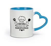 DEBINGY Ceramics White Mugs Spain Wonderful Things Happen in This Kitchen Chef Restaurant Inspirational Quotes （11oz/320ml） and Microwave-Safe Blue