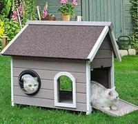 Deblue Outdoor Cat House for Feral Cats, Weatherproof Wooden Cat House for Small Pets, Unique Large Cat Shelter with Escape Door, Clear Window and Loft-Grey