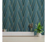 Debona Armando Herringbone Geometric Metallic Vinyl Wallpaper Teal Green/Gold 2122