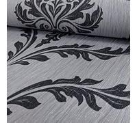 Debona Crystal Floral Leaf Damask Pattern Wallpaper Glitter Motif Textured (Silver Black 9032)