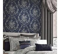 DEBONA Perla Floral Damask Wallpaper Textured Italian Vinyl Embossed Metallic Glitter 10m Roll Navy Blue 9086