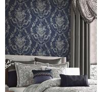 Debona Perla Ii Damask Texture Vinyl Navy Silver Metallic Glitter Wallpaper 9086