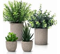DEBONTRES Fake Plants Set of 4 Paper Pulp Decorative Artificial Plant Eucalyptus, Rosemary, Small Succulents Faux Plants for Office Desk Bedroom Kitchen House Decoration