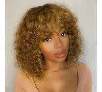 DÉBUT Human Hair Bob Wig With Bangs & Curls - Jerry Curl Style for Black Women - 150% Density, Non-Lace, Glueless - 14 Inches, TT2/27