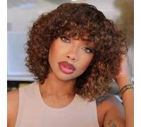 DÉBUT Human Hair Bob Wig With Bangs - Short Curly, Jerry Curl, 150% Density, Non Lace Front, Glueless (10 Inches, TT1B/33)