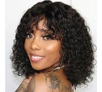 DÉBUT Human Hair Bob Wig With Bangs - Short Curly, Jerry Curl - 150% Density, Non Lace Front, Glueless - For Black Women (10 Inches, 1B)