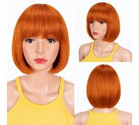 DÉBUT human hair Bob Wig with Bangs Short Straight Wigs for Women Pixie Cut 150% Density Brazilian Virgin Remy Hair（8 inches,S ORANGE）