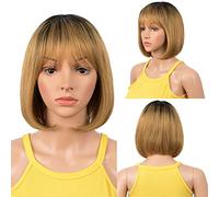 DÉBUT human hair Bob Wig with Bangs Short Straight Wigs for Women Pixie Cut 150% Density Brazilian Virgin Remy Hair(8 inches,TT1B/27)