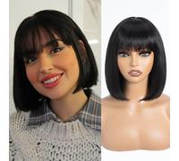 DÉBUT human hair Bob Wig with Bangs Short Straight Wigs for Women Pixie Cut 150% Density Brazilian Virgin Remy Hair（10 inches,1B）