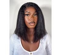DÉBUT Kinky Straight Lace Front Human Hair Bob Wigs for Black Women Pre Cut Wear and Go Glueless Bob Wigs with Baby Hair Pre Plucked 180% Density(14 Inches, Natural Black)
