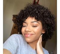 DÉBUT Short Curly 100% Human For Women Dark Brown Afro Curly with Bangs Cut Brazilian Remy(8 inches,2)