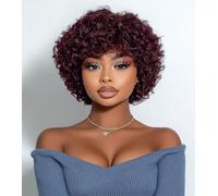DÉBUT Short Curly Wig 100% Human Hair Wigs For Women Red Afro Curly Wig with Bangs Pixie Cut Wig Brazilian Remy Hair (8 inches, 99J)