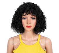 DÉBUT short Curly Wigs Ombre wig with Bangs Curl Fringe human-like hair wigs for Women 11 inches 128g (11 inches, C1B: Black)