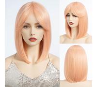 DÉBUT Straight Bob Hair Orange Pink Wig With Fringe for Women Heat Resistant Synthetic Glueless Lace Wigs with Bangs for Daily Party Cosplay Wear(10 inches, TFC22)