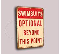 Deca Moda SWIMSUITS OPTIONAL POOL Sign, Vintage Style, Silver Aluminium Wall Mount Pool Sign