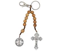 Decade Rosary Keychain with Belt Loop Clip | Wooden Hail Mary Beads, Pardon Cross, and Our Lady of Grace Medal | Great Catholic Gift for Confirmation, Brown, Medium