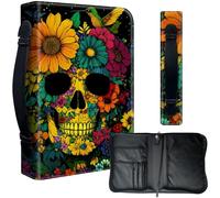 Decahouy Bible Cover Case for 9.5 x 6.7 in Large Print & Study Bibles - Waterproof PU Leather with Zipper, Handle & Pen Holder - Christian Gift for Men & Women,Colorful Skull and Floral