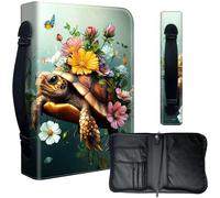 Decahouy Bible Cover Case for 9.5 x 6.7 in Large Print & Study Bibles - Waterproof PU Leather with Zipper, Handle & Pen Holder - Christian Gift for Men & Women,Cute Turtle with Flowers