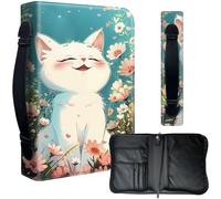 Decahouy Bible Cover Case for 9.5 x 6.7 in Large Print & Study Bibles - Waterproof PU Leather with Zipper, Handle & Pen Holder - Christian Gift for Men & Women,Cute Smiling White Cat