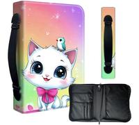 Decahouy Bible Cover Case for 9.5 x 6.7 in Large Print & Study Bibles - Waterproof PU Leather with Zipper, Handle & Pen Holder - Christian Gift for Men & Women,Cute White Kitten and Bird