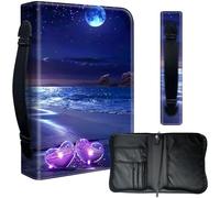 Decahouy Bible Cover Case for 9.5 x 6.7 in Large Print & Study Bibles - Waterproof PU Leather with Zipper, Handle & Pen Holder - Christian Gift for Men & Women,Purple Beach and Love Heart