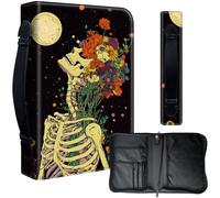 Decahouy Bible Cover Case for 9.5 x 6.7 in Large Print & Study Bibles - Waterproof PU Leather with Zipper, Handle & Pen Holder - Christian Gift for Men & Women,Skeletal Flowers and Moon