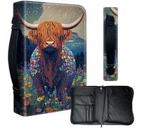 Decahouy Bible Cover Case for 9.5 x 6.7 in Large Print & Study Bibles - Waterproof PU Leather with Zipper, Handle & Pen Holder - Christian Gift for Men & Women,Beautiful Highland Cow Flowers