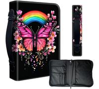 Decahouy Bible Cover Case for 9.5 x 6.7 in Large Print & Study Bibles - Waterproof PU Leather with Zipper, Handle & Pen Holder - Christian Gift for Men & Women,Pink Butterfly Flower, Rinbow