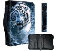 Decahouy Bible Cover Case for 9.5 x 6.7 in Large Print & Study Bibles - Waterproof PU Leather with Zipper, Handle & Pen Holder - Christian Gift for Men & Women,White Tiger with Blue eyes