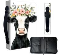 Decahouy Bible Cover Case for 9.5 x 6.7 in Large Print & Study Bibles - Waterproof PU Leather with Zipper, Handle & Pen Holder - Christian Gift for Men & Women,Cute Baby Cow and Flowers