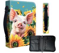 Decahouy Bible Cover Case for 9.5 x 6.7 in Large Print & Study Bibles - Waterproof PU Leather with Zipper, Handle & Pen Holder - Christian Gift for Men & Women,Cute Baby Pig and Sunflower