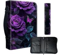 Decahouy Bible Cover Case for 9.5 x 6.7 in Large Print & Study Bibles - Waterproof PU Leather with Zipper, Handle & Pen Holder - Christian Gift for Men & Women,Purple Roses and Butterflies