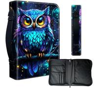 Decahouy Bible Cover Case for 9.5 x 6.7 in Large Print & Study Bibles - Waterproof PU Leather with Zipper, Handle & Pen Holder - Christian Gift for Men & Women,Cute Purple Blue Owl