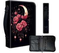 Decahouy Bible Cover Case for 9.5 x 6.7 in Large Print & Study Bibles - Waterproof PU Leather with Zipper, Handle & Pen Holder - Christian Gift for Men & Women,Pink Roses and a Crescent Moon