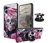 Decahouy Case for iPhone 16 Plus 6.7'' with Telescopic Kickstand+Screen Protector Film,Tempered Glass Back Cover Soft TPU Bumper Protective Case for iPhone 16 Plus, Pink White Sugar Skull