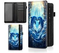 Decahouy Checkbook Cover for Men & Women, PU Leather Checkbook Covers for Personal Checkbook, RFID Blocking Checkbook Holder Wallet with Elastic Strap Holds Duplicate Checks, Two Blue Love Dolphins