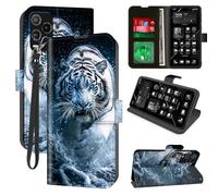 Decahouy for Blu View 5 Pro Wallet Phone Case with RFID Blocking, 4 Card Holders, Kickstand, Wrist Strap - Magnetic PU Leather Flip Case Protective Cover for Women & Men,White Tiger with Blue Eyes