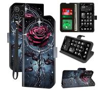 Decahouy for Blu View 5 Pro Wallet Phone Case with RFID Blocking, 4 Card Holders, Kickstand, Wrist Strap - Magnetic PU Leather Flip Case Protective Cover for Women & Men,Burgundy Rose Silver Circle